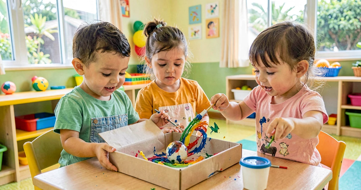 plano de aula pintando com bolinha de gude: crianças da creche inclinando caixa com bolinha de tinta