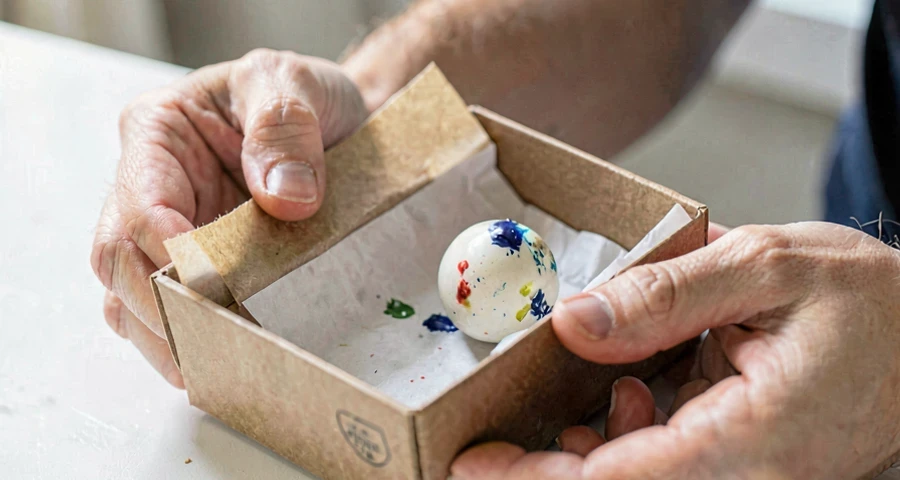 criança da creche inclinando caixa com bolinha de tinta em atividade artística na creche