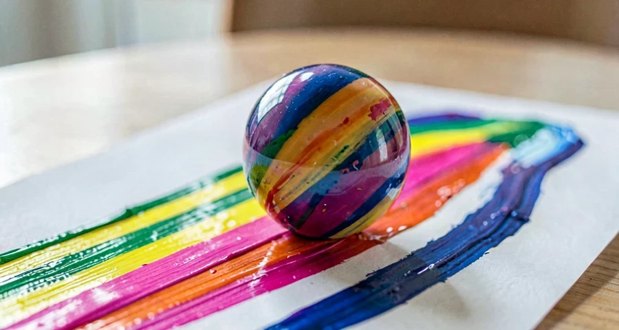 trilhas coloridas de bolinha de gude em papel usado em atividade artística na creche