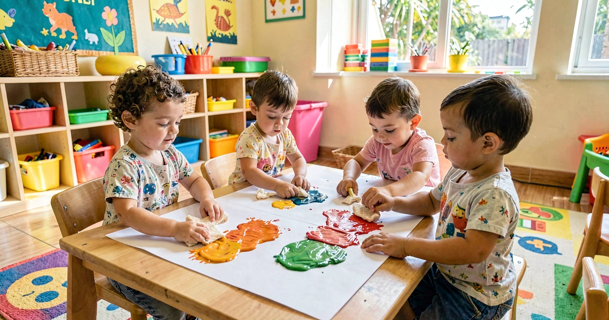 plano de aula carimbo de bucha vegetal: crianças da creche carimbando com bucha vegetal