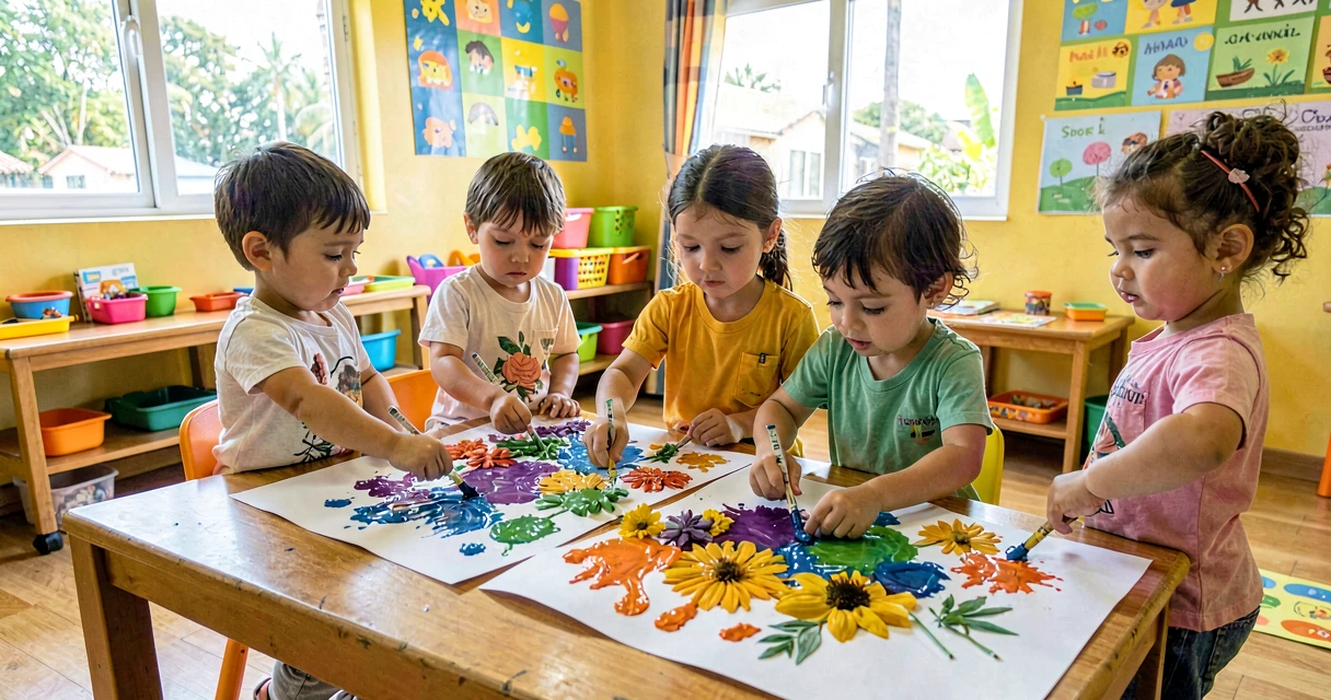 plano de aula carimbo com flor natural: crianças da creche carimbando flor em papel