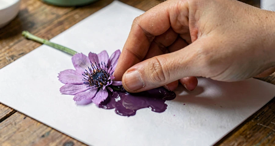 criança da creche carimbando com flor natural em atividade artística na creche