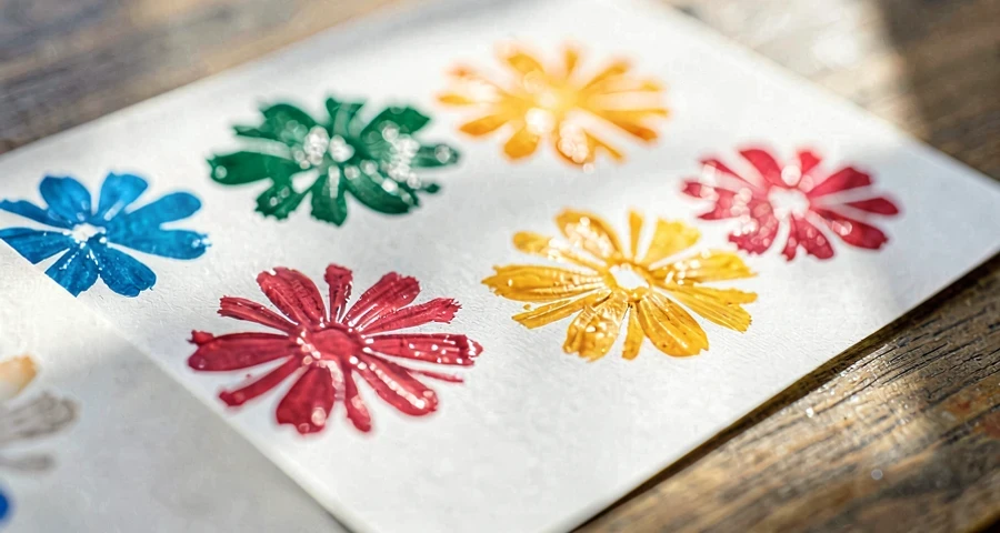 marcas de flor natural coloridas em papel usado em atividade artística na creche