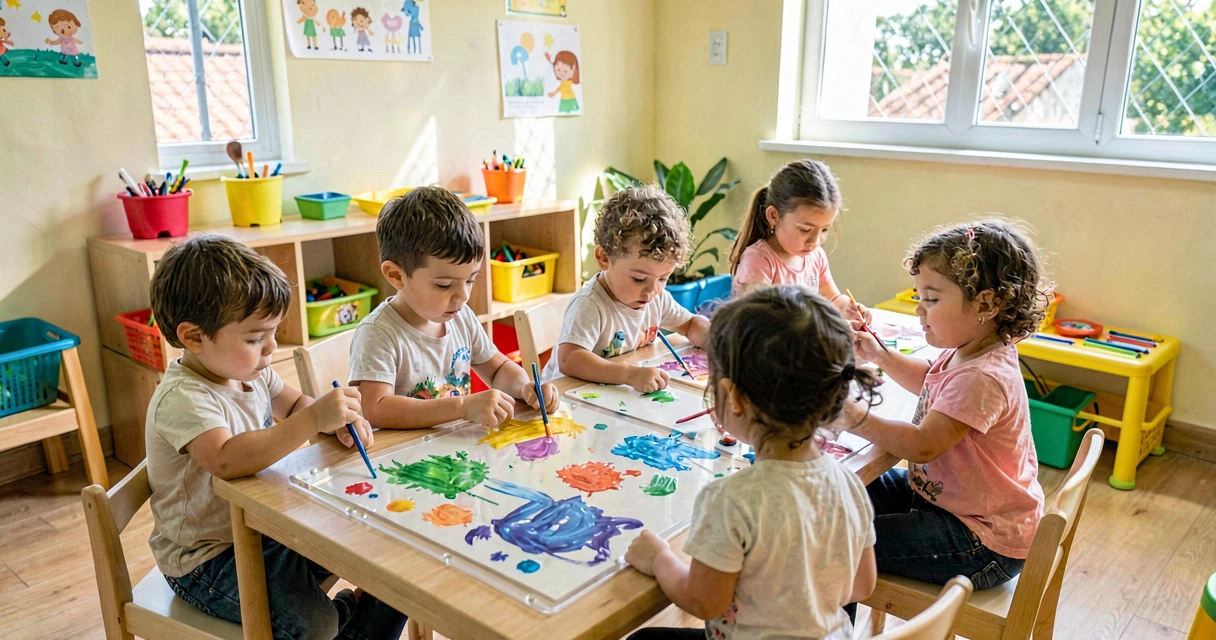 plano de aula pintando em placa transparente: crianças da creche pintando com os dedos em acrílico