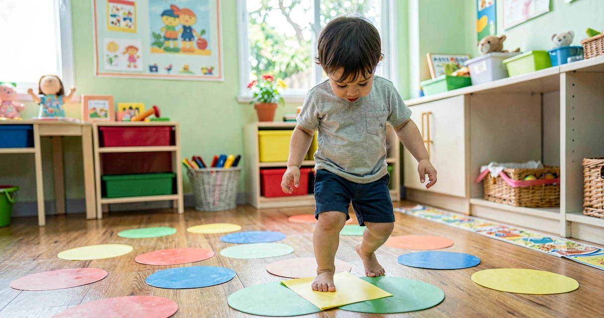 plano de aula pisando nos círculos: criança da creche pisando em círculos coloridos no chão