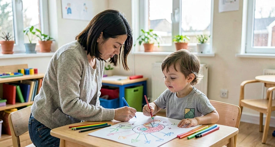 educadora ouvindo criança explicar sua invenção criada em atividade artística