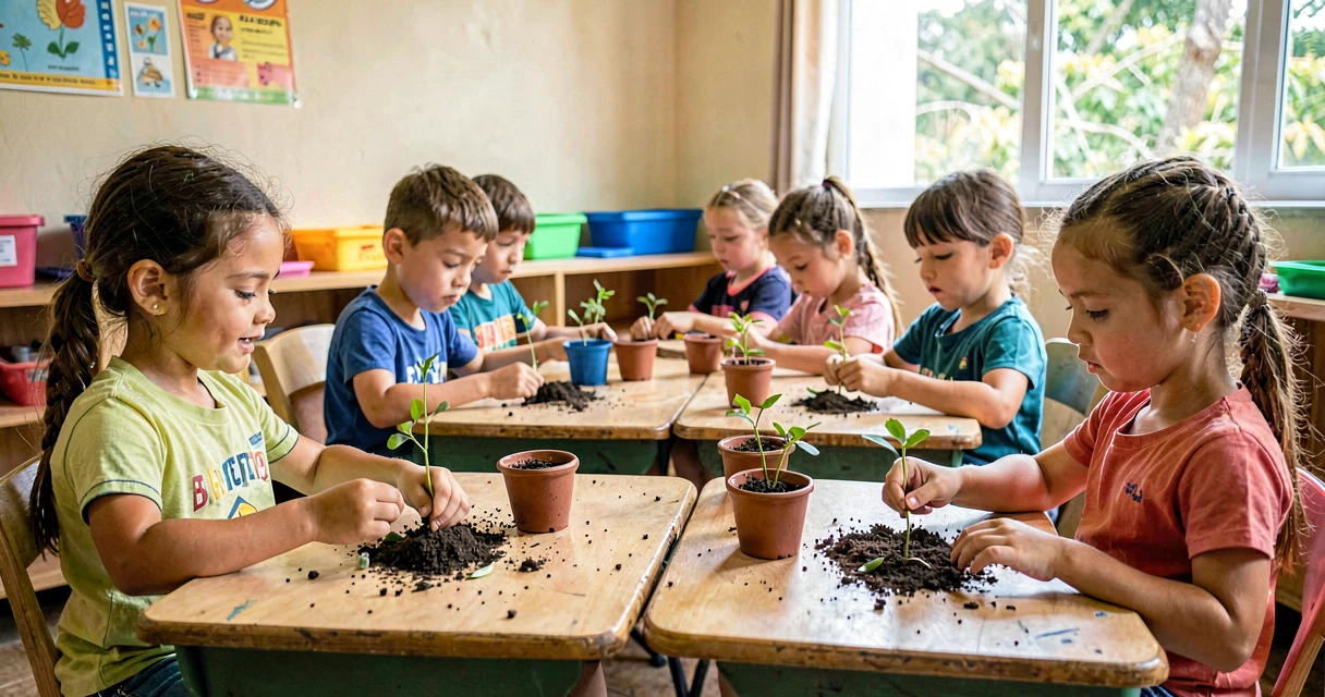 plano de aula plantando semente: crianças da pré-escola plantando sementes em copinhos