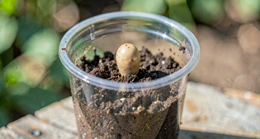 semente de feijão sendo plantada em copo transparente com terra