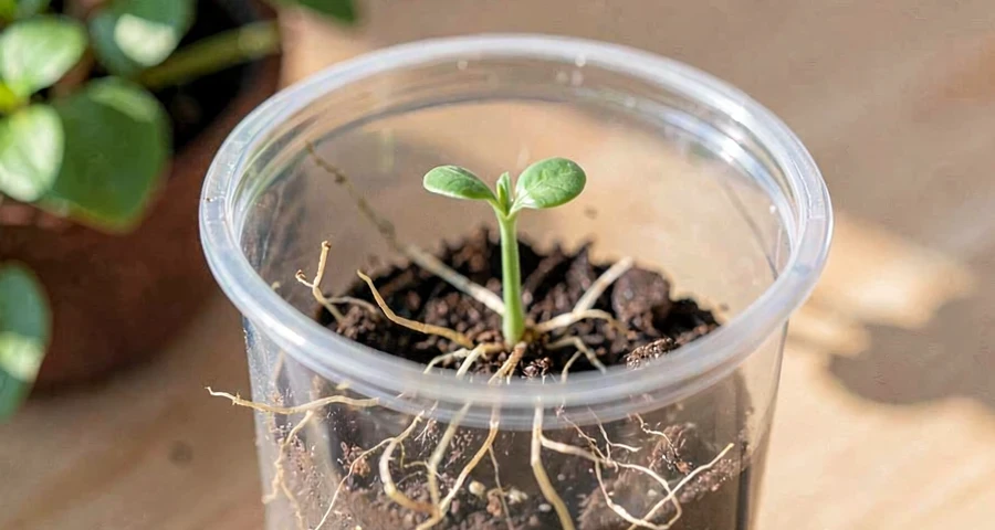 broto de feijão crescendo em copo transparente com raízes visíveis