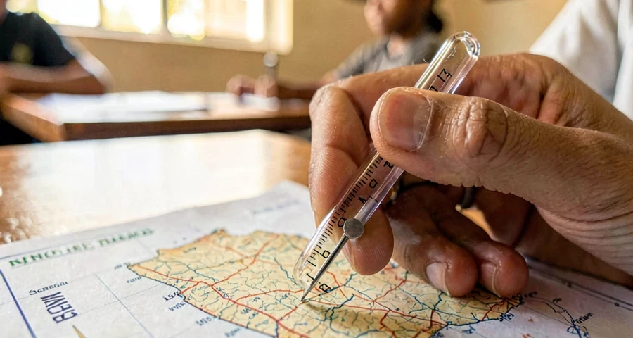 Bússola e mapa: estudante usando bússola para orientar-se em mapa geográfico na aula