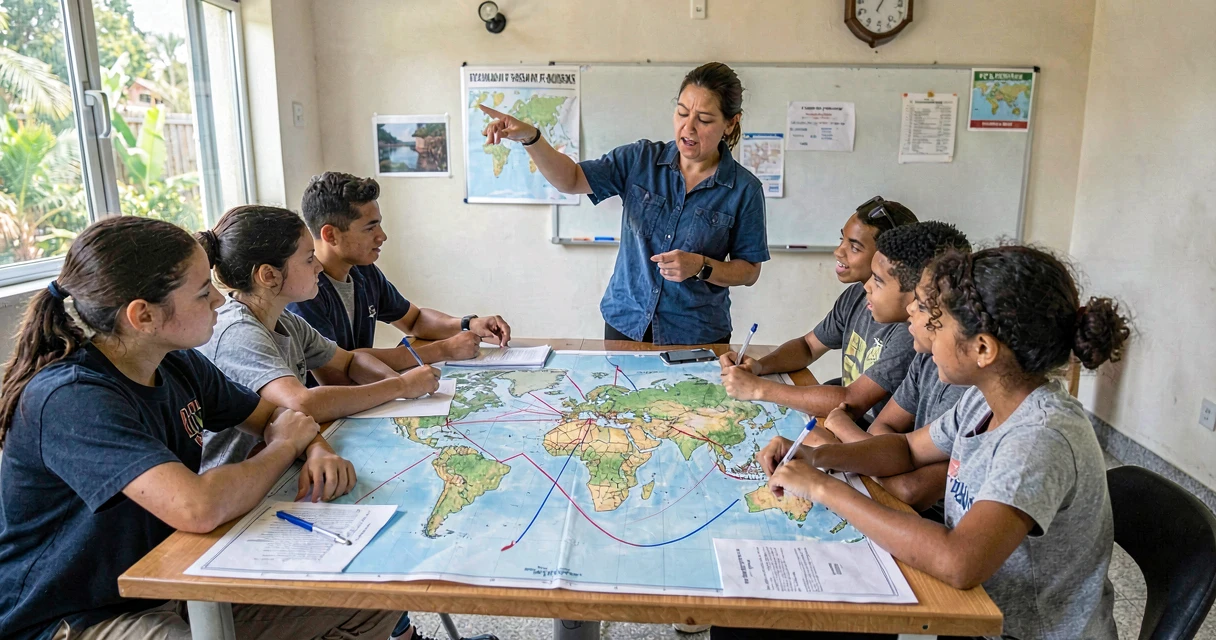 plano de aula multiculturalidade: alunos do 9º ano analisando rotas migratórias no mapa-múndi