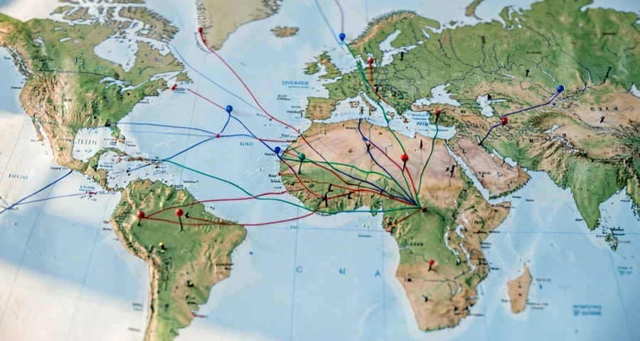 mapa-múndi com rotas migratórias contemporâneas marcadas com linhas coloridas