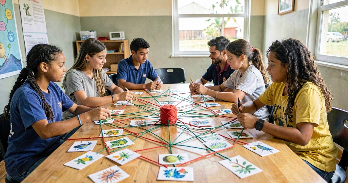 plano de aula biodiversidade: alunos do 9º ano montando teia de interdependência entre espécies