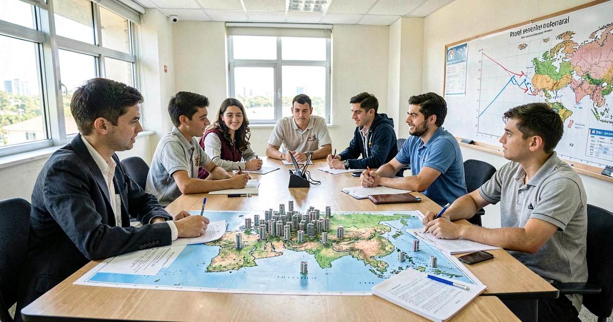 plano de aula megacidades da ásia: alunos do 9º ano analisando mapa com grandes cidades marcadas