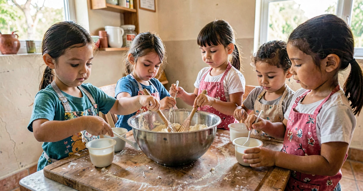 plano de aula bolo de milho: crianças da pré-escola medindo ingredientes para receita