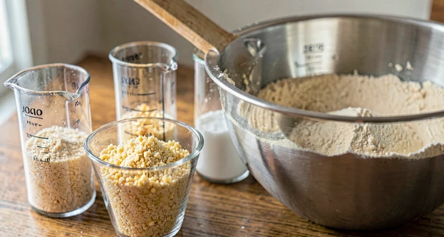 xícaras de medida com ingredientes para bolo de milho em atividade culinária