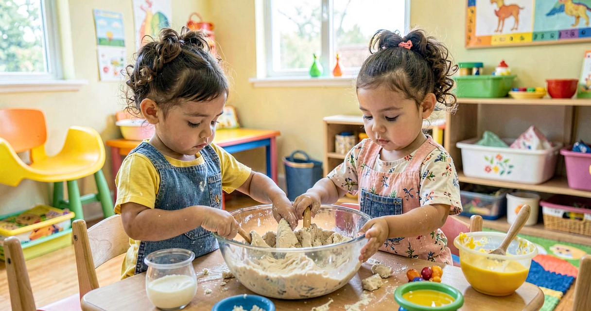 plano de aula massinha do zero: crianças da creche preparando massinha caseira em tigela