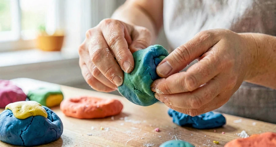 criança da creche sovando massinha caseira recém-preparada