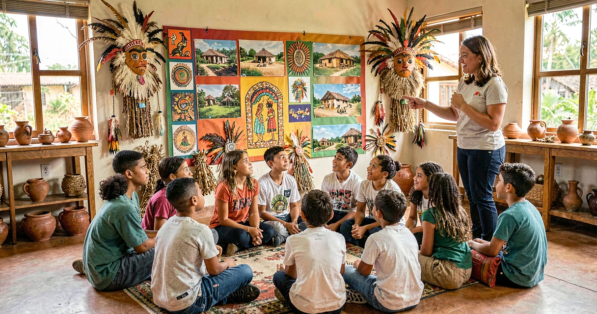 Cultura indígena brasileira: crianças de 4º ano em roda de aprendizagem observando arte e objetos tradicionais indígenas