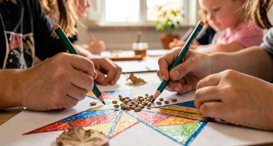 Atividade de arte indígena: crianças criando desenhos com padrões geométricos e materiais naturais em sala de aula