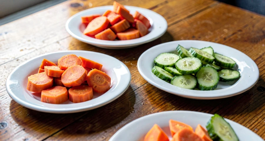 pratos com vegetais variados para atividade de experimentação alimentar na creche