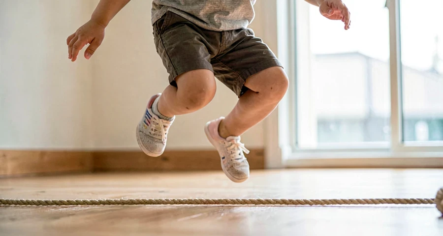 criança da creche pulando sobre corda durante atividade motora na creche