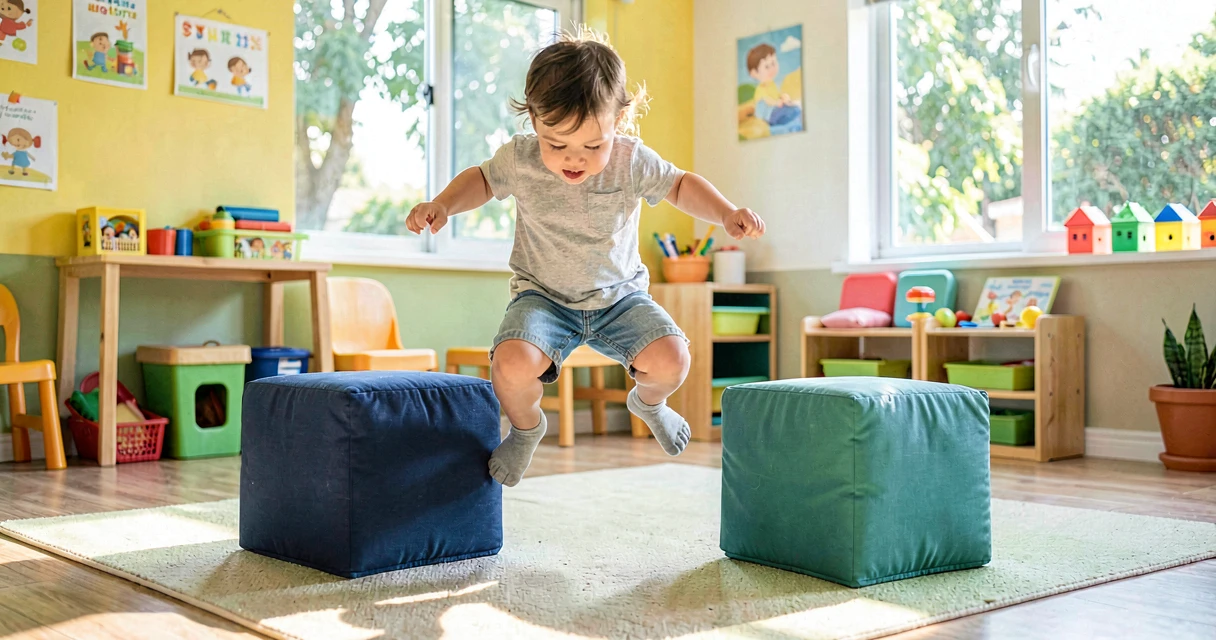 plano de aula pulando entre blocos de espuma: criança da creche saltando entre dois blocos macios