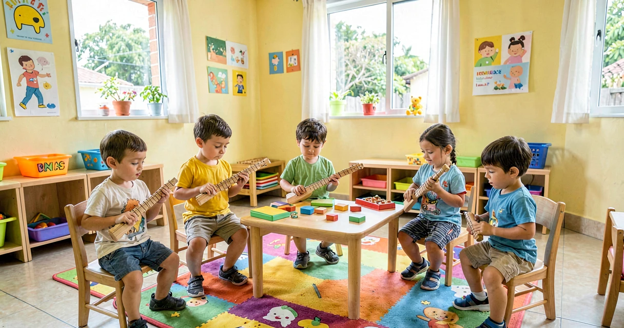 plano de aula reco-reco: crianças da creche tocando instrumento musical de madeira