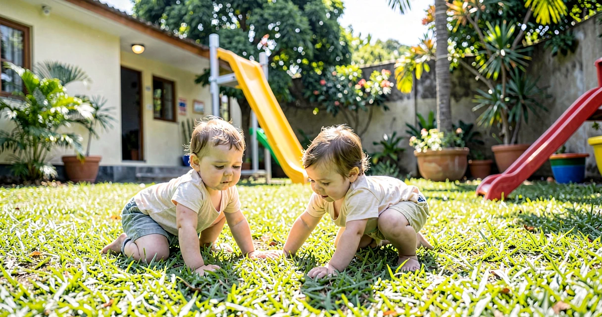 plano de aula rastejando na grama: crianças da creche rastejando sobre a grama do jardim