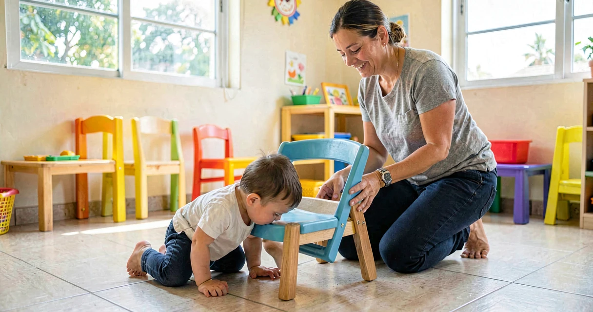 plano de aula rastejando sob a cadeira: bebê da creche passando por baixo de obstáculo