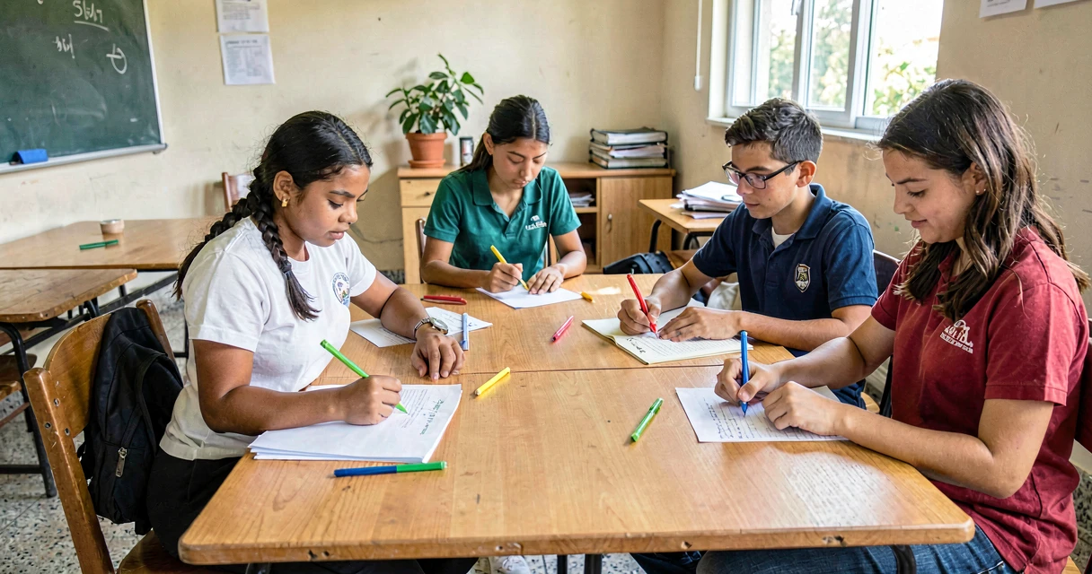 plano de aula revisão de texto: alunos do 9º ano revisando seus próprios textos com canetas coloridas