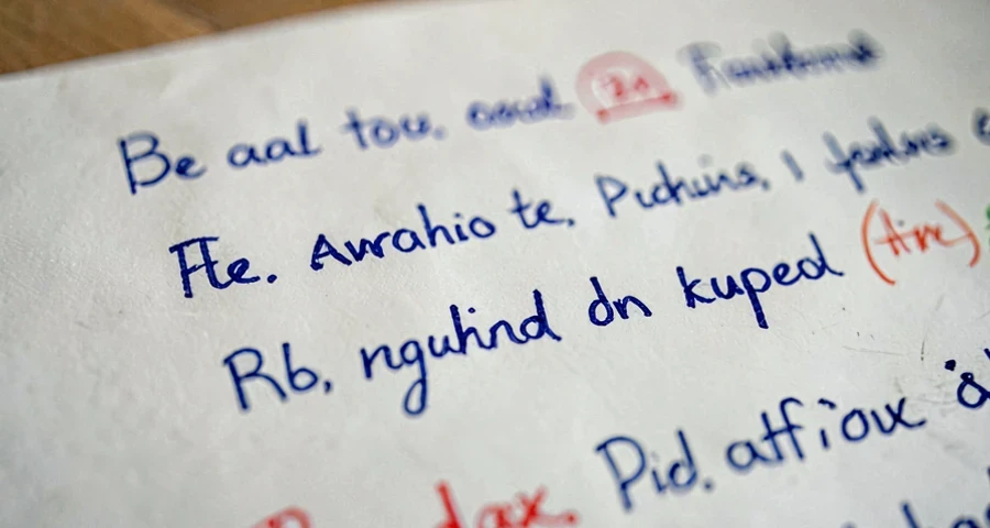 texto manuscrito com correções e revisões marcadas em tinta colorida