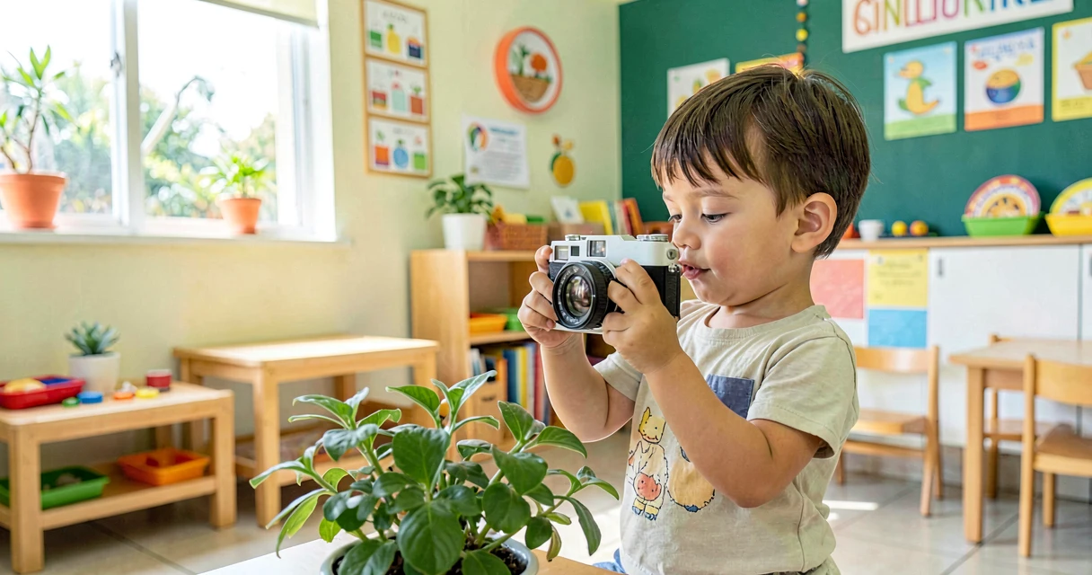 plano de aula fotografando o ambiente: criança da creche usando câmera simples