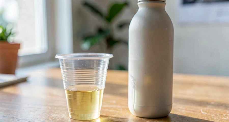 copo descartável ao lado de garrafa reutilizável em atividade sobre consumo consciente