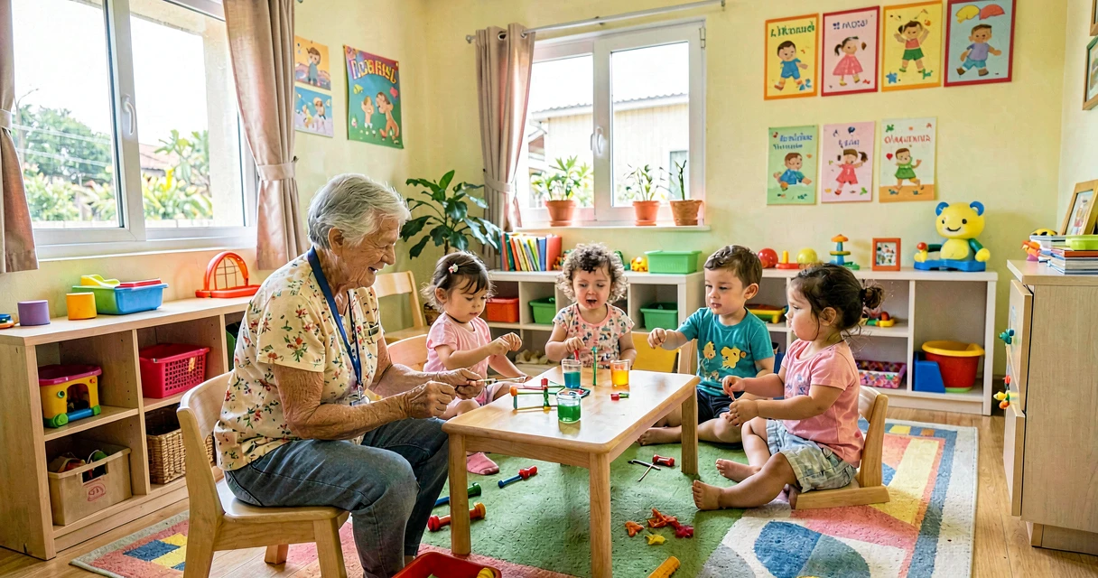 plano de aula brincadeiras antigas: familiar ensinando brincadeira tradicional para crianças da creche