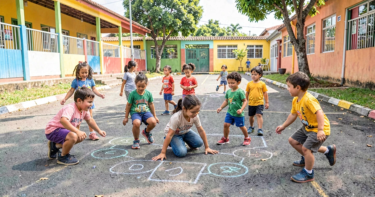 plano de aula brincadeiras tradicionais: crianças da pré-escola brincando de amarelinha