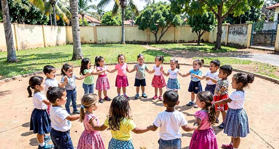 crianças da pré-escola de mãos dadas em roda cantada tradicional