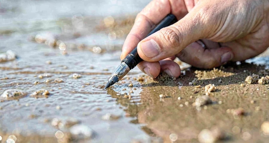criança da creche desenhando na areia molhada em atividade artística na creche