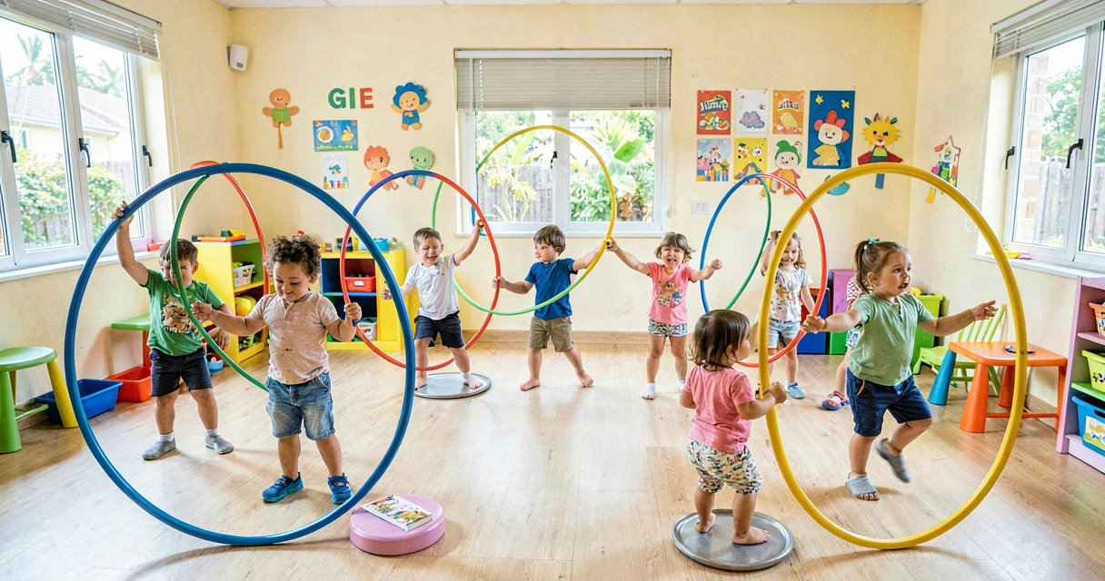plano de aula estações de dança: crianças da creche circulando por diferentes propostas de movimento