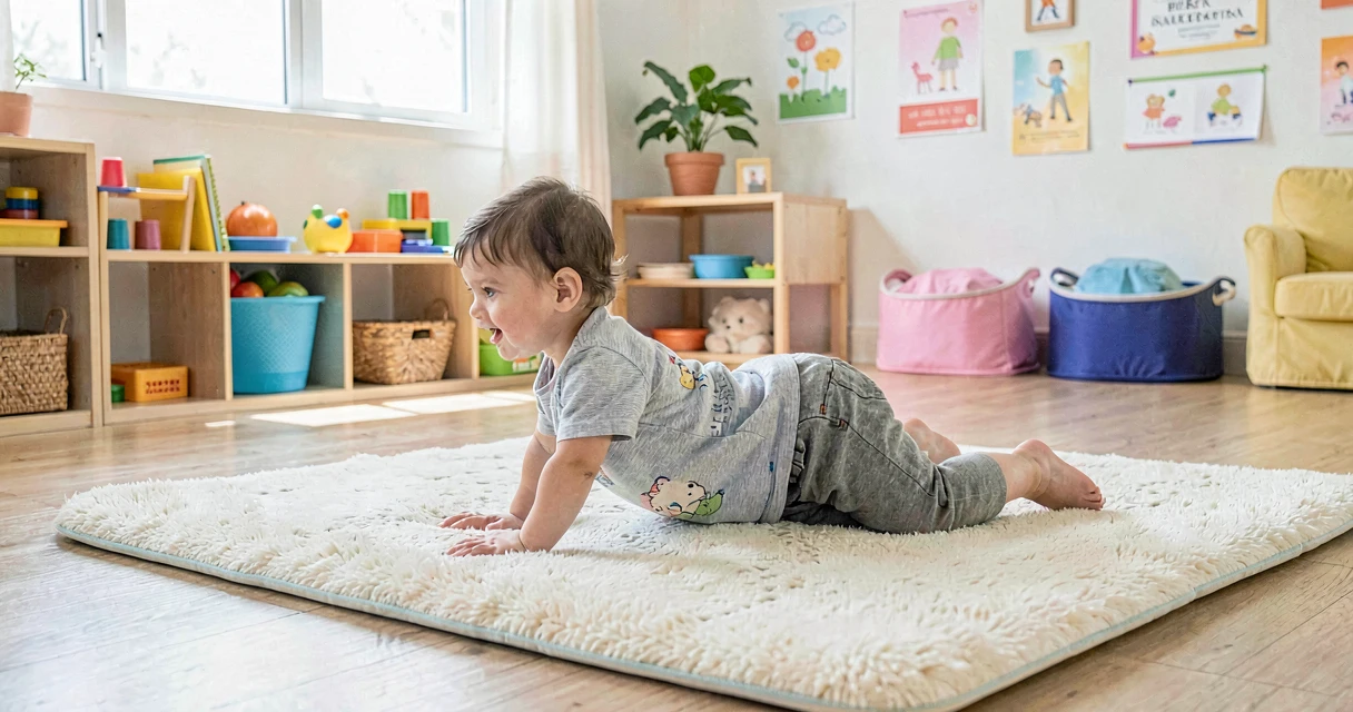 plano de aula rolando no colchonete: criança da creche rolando de lado em colchonete macio