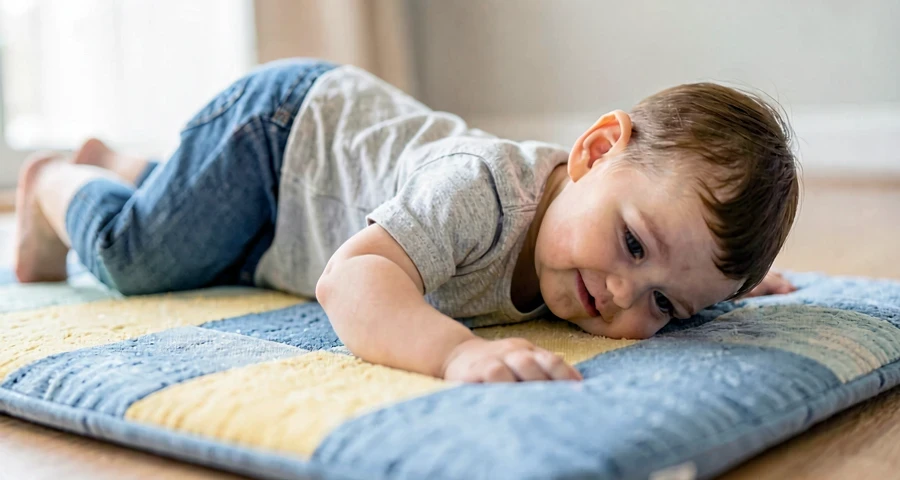 criança da creche rolando de lado durante atividade motora na creche