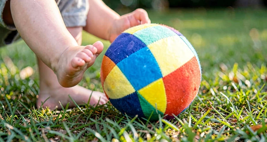 criança da creche prestes a chutar bola colorida durante atividade motora