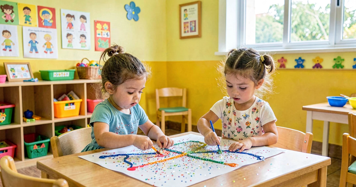 plano de aula purpurina na cola: crianças da creche salpicando purpurina sobre traço de cola