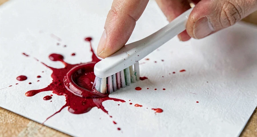 criança da creche salpicando tinta com escova em atividade artística na creche