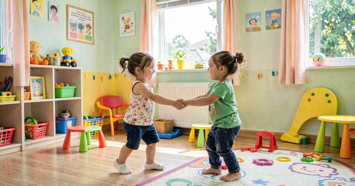 plano de aula girando com o amigo: crianças da creche girando em dupla de mãos dadas