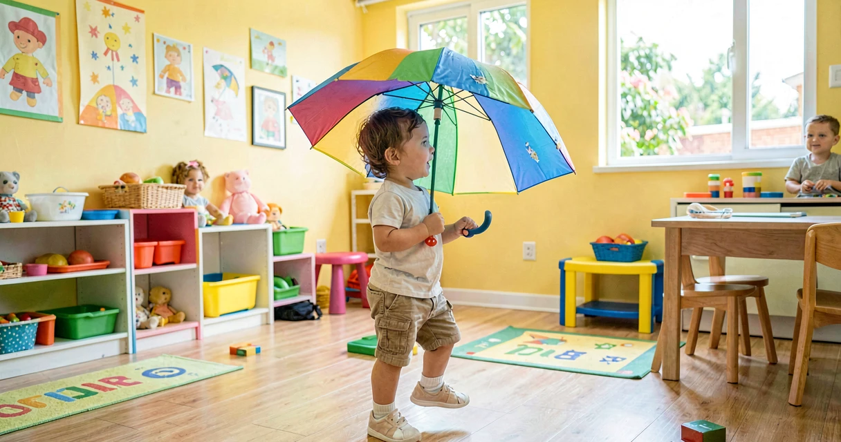 plano de aula girando com guarda-chuva: criança da creche girando segurando guarda-chuva colorido
