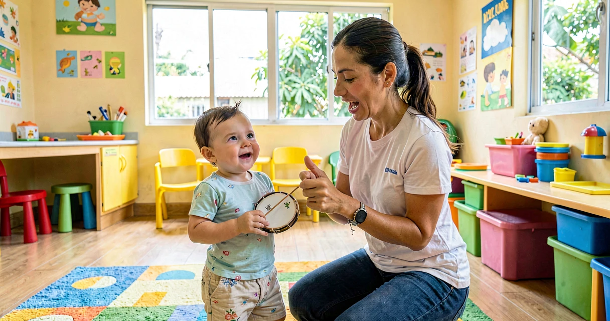 plano de aula pandeirinho e canção: bebê da creche explorando pandeiro com educadora