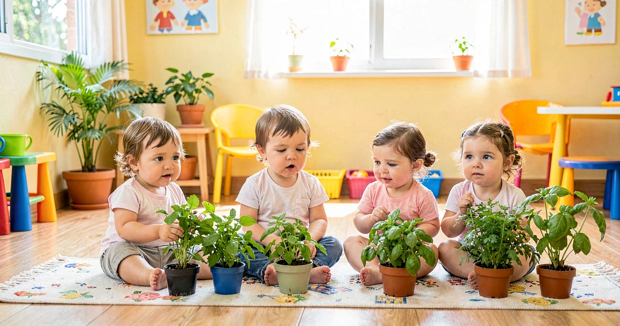 plano de aula aroma das ervas: bebês da creche cheirando ervas aromáticas em vasos