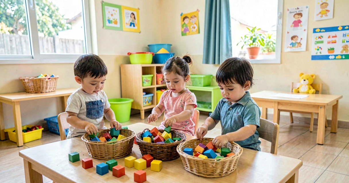 plano de aula redondo ou quadrado: crianças da creche classificando blocos por formato