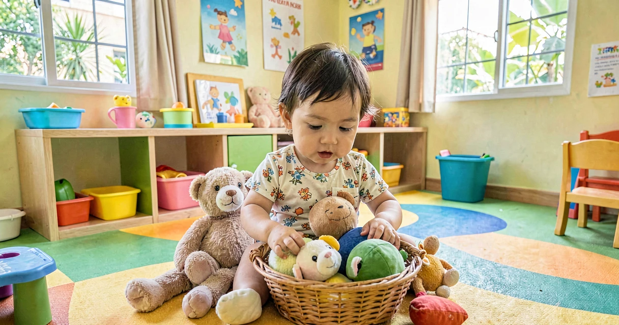 plano de aula grande e pequeno: bebê da creche explorando objetos de tamanhos diferentes